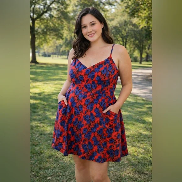Retro Rockabilly Floral Linen Cotton Blend Dress w Pockets Size Large red blue - Picture 1 of 16